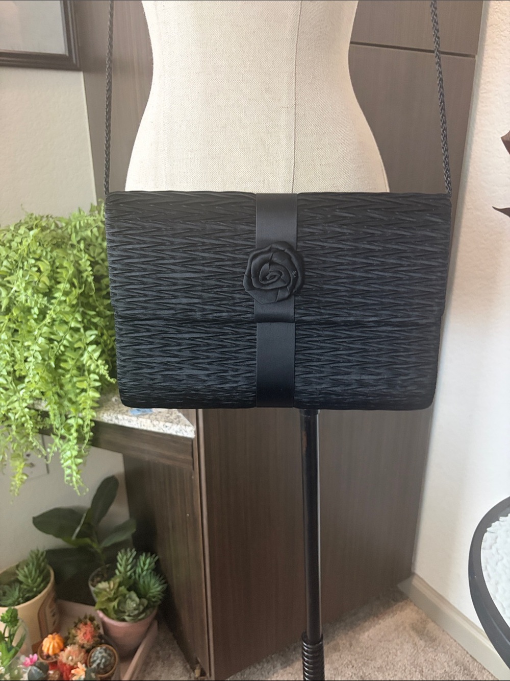 Elegant Black Rosette Wristlet Clutch